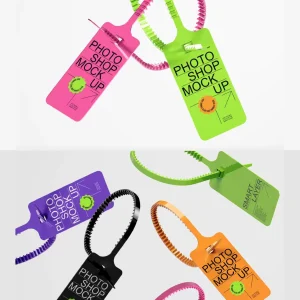 Five minimalist, clothing product plastic tags - Mockup